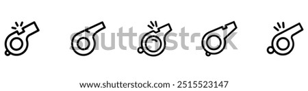 Whistle icon set. Whistle icon collection. Soccer or football match referee whistle vector icon. Trainer coach blow whistle emblem. Vector Illustration. EPS 10