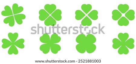 Shamrock Icon Green, Shamrocks, Four Leaf Clover, Irish Symbol, St Patrick's Day Logo, Luck Sign, Isolated, Variations. EPS 10