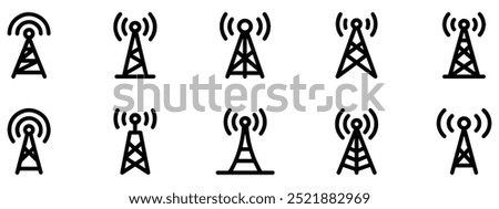 Wireless antenna tower icon. Antenna tower simple icons set. Collection of wireless, telecommunication antenna icons on white background. Vector Illustration. EPS 10