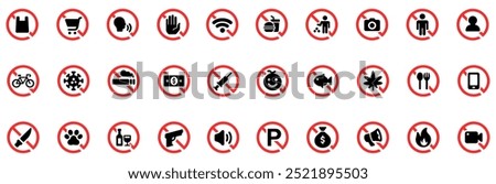 No smoking, no speak, no alcohol, no photos, video, fire, parking, pets, wifi and other. Sign prohibiting something.  Warning sticker. Forbidden label. Vector Illustration. EPS 10