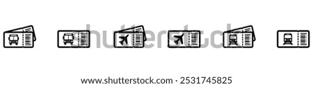 Ticket icon set. Bus, train, airplane ticket icon. Transport ticket icon. Travel icon. Vector Illustration. EPS 10