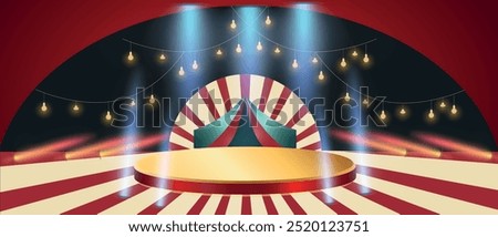 Circus stage with arches and arenas.Background with circus stage and red theater curtains. 3d inside a circus tent. Carnival show podium with frame with light bulbs and vector illustration