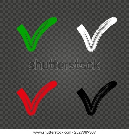 A set of green, red, white, black checkmark icons. Tick symbol vector illustration. Tick OK approval. On a transparent background