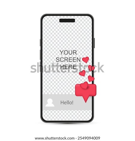 Heart notification icon. On a mobile phone. 3d rendering. On a transparent background.