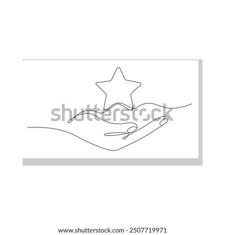 Star on the hand icon, outline high reward, status good quality, star shine, thin line web symbol on white background.