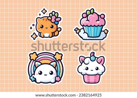 Cute and Fun Kawaii Cat and Cupcake Stickers on a Checkered Background for Kids and Creative Projects to Add Fun to Your Day