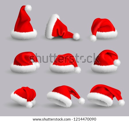 Collection of Red Santa Claus Hats isolated on gray background. Set. Vector Realistic Illustration.