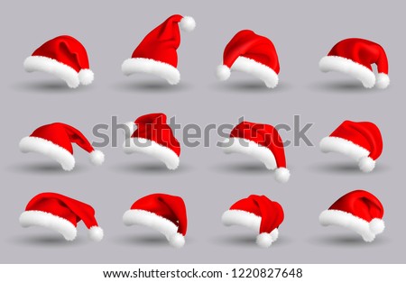 Collection of Red Santa Claus Hats isolated on gray background. Set. Vector Realistic Illustration.