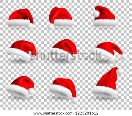 Collection of Red Santa Claus Hats isolated on transparent background. Set. Vector Realistic Illustration.