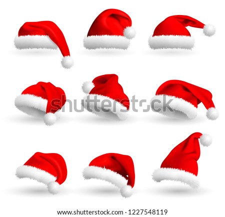 Collection of Red Santa Claus Hats isolated on white background. Set. Vector Realistic Illustration.