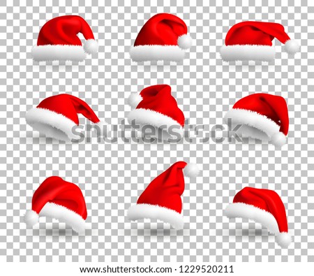 Collection of Red Santa Claus Hats isolated on transparent background. Set. Vector Realistic Illustration.