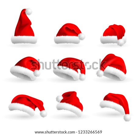 Collection of Red Santa Claus Hats isolated on white background. Set. Vector Realistic Illustration.