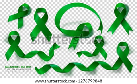 Set. Gallbladder and Bile Duct Cancer Awareness Month. Realistic Kelly Green ribbon symbol. Medical Design. Vector Illustration.