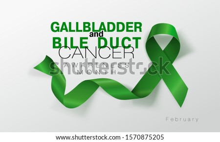 Gallbladder and Bile Duct Cancer Awareness Calligraphy Poster Design. Realistic Kelly Green Ribbon. February is Gallbladder and Bile Duct Cancer Awareness Month. Vector. Illustration