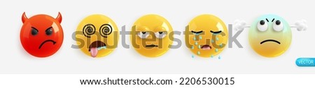 Emotion Realistic 3d Render. Set Icon Smile Emoji. Emotions face evil, tongue out and drooling, tired, tears, steam from ears. Vector yellow glossy emoticons. Pack 20