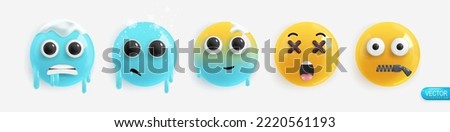 Emotion Realistic 3d Render. Set Icon Smile Emoji. Emotions face frozen, cold snow falling, warmer, fainting from shock, mouth shut. Vector yellow glossy emoticons. Pack 34