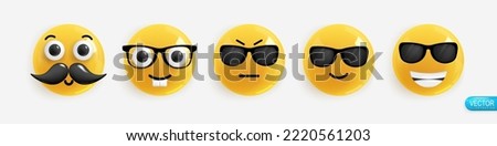 Emotion Realistic 3d Render. Set Icon Smile Emoji. Emotions face with mustache, nerd, serious, kind, smiling,. Vector yellow glossy emoticons. Pack 40