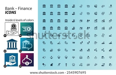 90 bank and finance icon, in 6 different coor inside