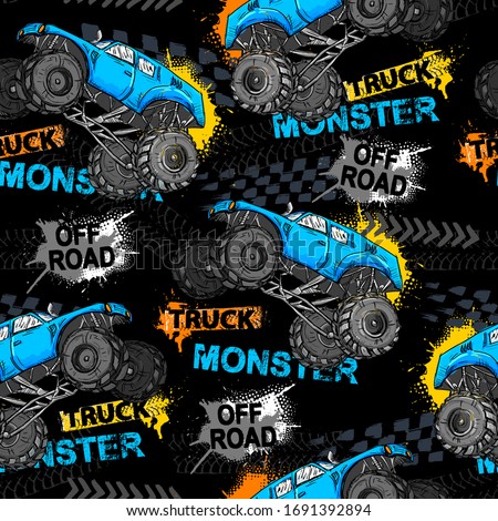 Abstract seamless grunge pattern for boy. Urban style modern background with Monster Truck car, trace of tire. Drive and speed modern creative wallpaper for guys. Extreme style