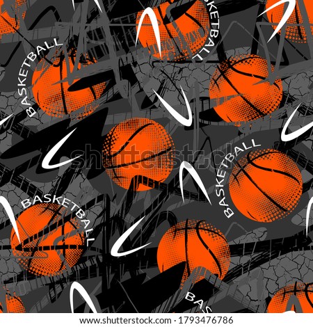 Abstract seamless grunge pattern for guys. Urban style modern background with basketball . Sport extreme style creative wallpaper