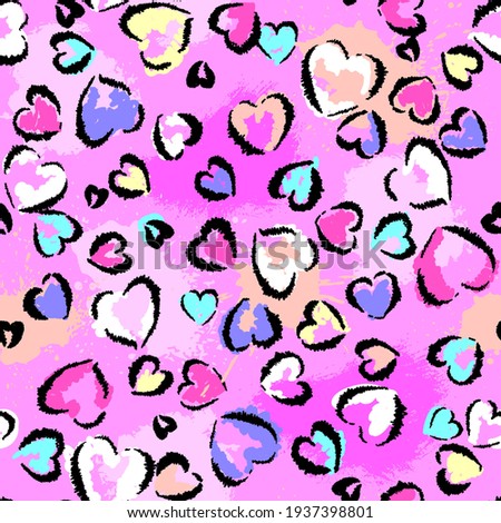 Abstract seamless chaotic leopard print with hearts elements. Grunge texture background. Wallpaper for girls. Fashion style pattern
