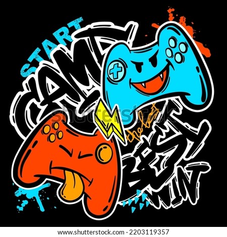 Illustration print for t-shirt with colourful  joystick game and graffiti words. Background for boys.