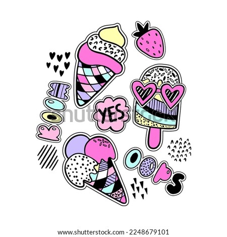 Design of cute stickers ice cream and words. Girlish patches in bright colors isolated on white background. Fashion t-shirt design