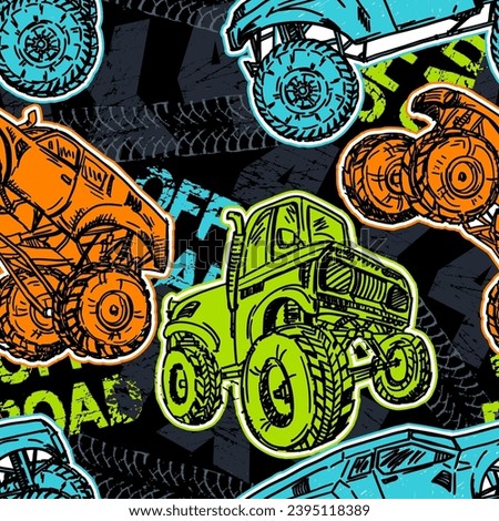 Abstract seamless grunge pattern for boy. Urban style modern background with Monster Truck car, trace of tire. Drive and speed modern creative wallpaper for guys. Extreme style