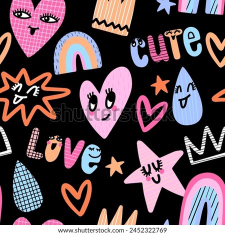 Seamless pattern of cheerful clouds, rainbow, stars, words and happy hearts. Cute abstract print on black background for fabric, wrapping, textile, wallpaper, apparel. Vector illustration for girl