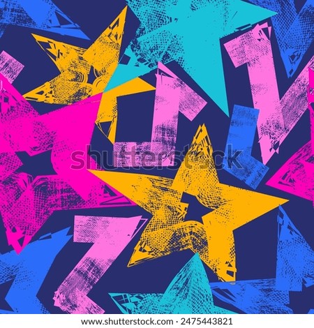 Abstract seamless chaotic pattern with urban geometric elements, scuffed, drops, stars and sprays. Grunge neon texture background. Wallpaper for teen girls. Fashion sport style