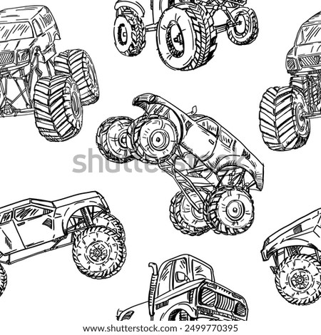 Abstract seamless hand draw pattern for boy. Grunge style Monster Truck  car on white background. Line art monochrome wallpaper for print. Black and white design