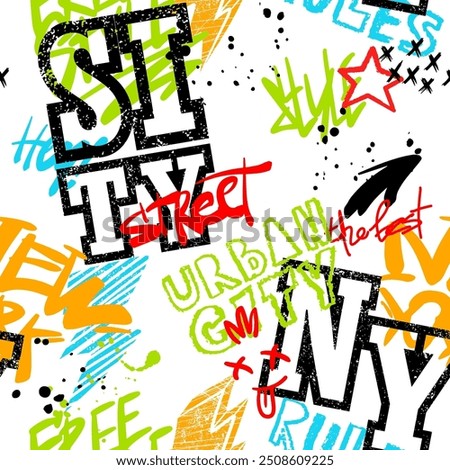 Abstract seamless chaotic pattern with graffiti words NEW YORK. Grunge texture background. Wallpaper for boys. Fashion urban style