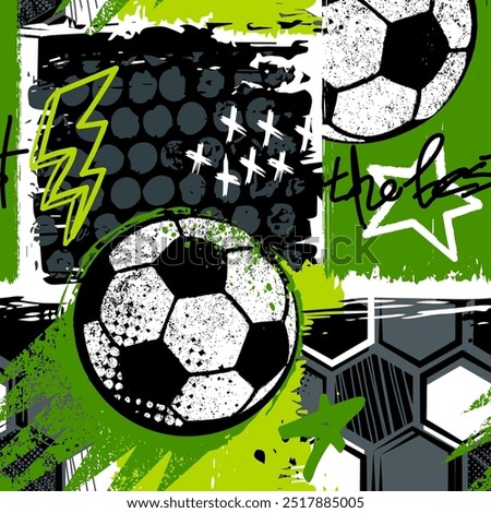 Abstract seamless chaotic pattern with soccer ball and urban geometric elements. Grunge neon texture background for guys. Football sport