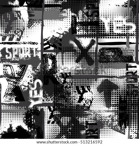 Abstract black and white seamless grunge pattern for boy. Urban style modern background with lightning, dots, geometric, words sport, letters and spray elements. Drive modern creative wallpaper