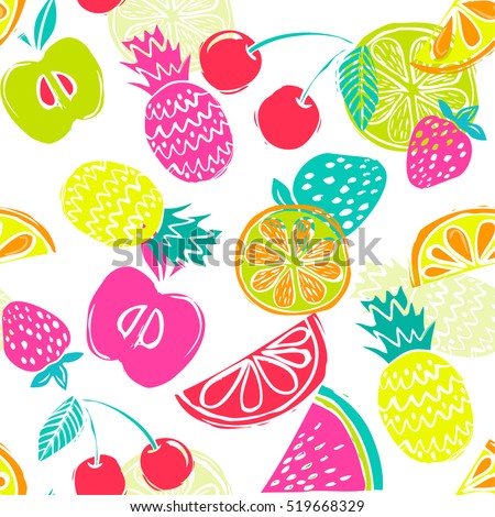 Fashion Girlish funny wallpapers. Seamless pattern with yellow pineapples, juicy strawberries and oranges on white background. Bright summer fruits illustration. Fruit mix design for fabric and decor.