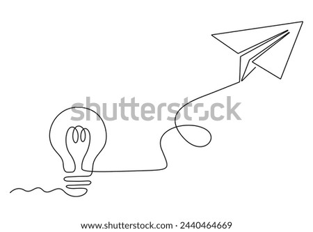 One continuous line drawing of light bulb and paper plane. Isolated on white background vector illustration.