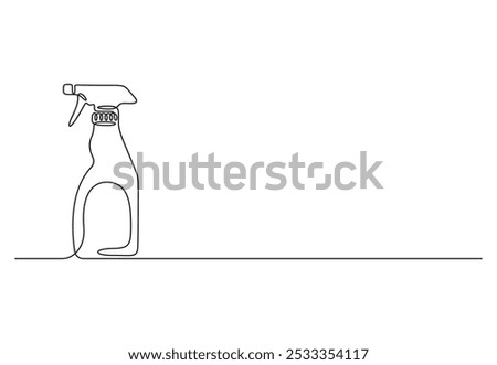 Continuous one line drawing of cleaning service bottle. Household tools and bottle spray concept in simple linear style. Fresh washing and dry cleaning. Vector illustration