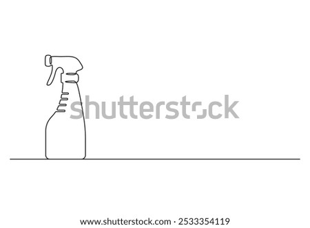 Continuous one line drawing of cleaning service bottle. Household tools and bottle spray concept in simple linear style. Fresh washing and dry cleaning. Vector illustration