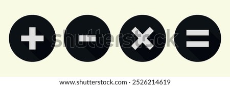 Black circle math icons set. Plus, minus, multiplication, equal icons.