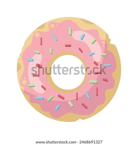 Donut isolated on a white background. Colorful and glossy donut with pink glaze and multicolored powder. Simple modern design. Vector illustration.