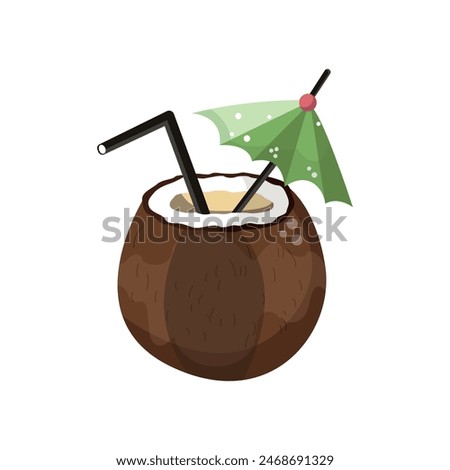 Summer coconut cocktail vector concept. Cold and refreshing drink for hot weather. Coconut with drink icons for menu, web and graphic design.  Cartoon flat illustration isolated on white background