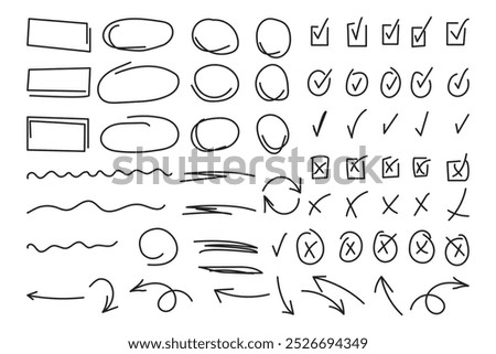 set of hand drawn check mark with different circle arrows and underlines. Hand drawn marker stripes. Doodle v checklist marks icon set. Vector illustration.