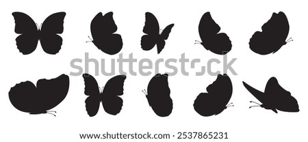 Flying butterflies icon symbols black silhouette vector set. Various butterflies black shapes set. Design element for print, icon, tattoo. fireflies and butterflies icons isolated on white background.