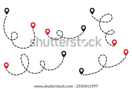 set of Route location icon two pin sign and dotted line. map path distance icon, pinpoint, map search, route, Route icon, two points with dotted path and location pin.