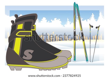 cross-country boots, skis and ski poles with trees and snow-covered hills in background