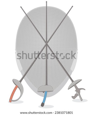 fencing swords, sabre, epee, foil, crossed with helmet in background