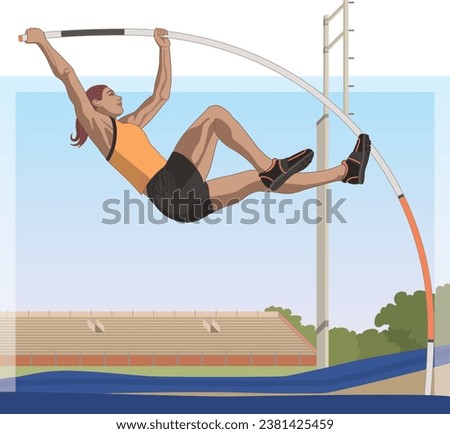 female pole vaulter, vaulting in mid air with track and field in the background