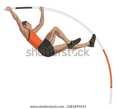 male pole vaulter, vaulting in mid air isolated on a white background