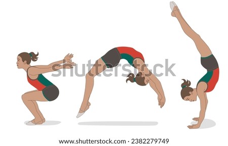 gymnastics tumbling, female tumbler in three poses of a back flip isolated on a white background