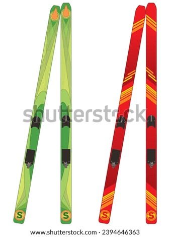 ski jumping skis, red pair and green pair isolated on a white background